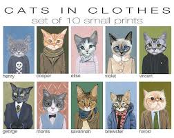 Ensemble De 10 Tirages Petit Format Des Chats Dans Les Vetements Chat Amour De Chat Bijoux Uniques