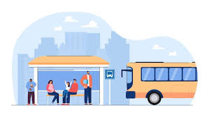 Pessoas de desenho animado esperando transporte público no ponto de ônibus.  Passageiros antes de entrar na ilustração vetorial plana do veículo.  Conceito de transporte para banner, design de site ou página da