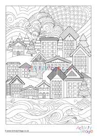 Winter Village Doodle Colouring Page 1