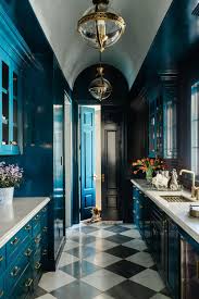 Teal Kitchen Cabinets White Countertops Gold Pendant Lights Gold Hardware Black And White Tile Floor Scandinavian Apartment House Design Barrel Ceiling