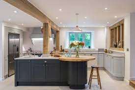 Malton stone elm kitchen with gloss white laminate worktops, built in j handles on doors. Shaker Style Kitchen In Graphite Light Grey With Light Quartz Worktop Oak Farmhouse Kitchen Devon By Kettle Co Kitchens Houzz