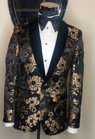 Men's 2 buttons black shiny notch collar floral paisley formal blazer. Statement Silver Floral Lepremier Miami Custom Suits Shirts Jacket