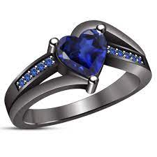 10k Black Gold Plated Solid 925 Silver Blue Sapphire Heart Shape Engagement Ring Heart Shaped Engagement Rings Black Jewelry Bridal Ring Sets