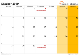 Hier vind je de kalender oktober 2018 inclusief nationale en andere feestdagen voor nederland. Oktober 2019 Kalender Mit Feiertagen