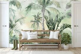 Tropical Wallpaper Self Adhesive Peel And Stick Palm Tree Wall Etsy In 2020 Tropical Wallpaper Tree Landscape Wallpaper Palm Trees Wallpaper