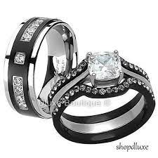 His Hers 4 Pc Black Stainless Steel Titanium Wedding Engagement Ring Band Set Jewelry Wedding Ring Sets Titanium Engagement Rings Titanium Wedding Rings