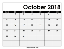 Available 2018 October Calendar Monday Start Calendar October Calendar Printable Calendar Template