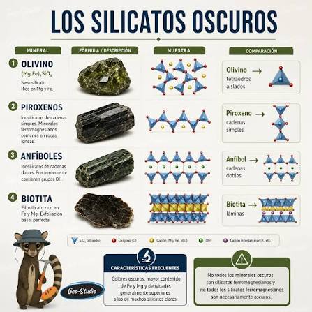  Los minerales oscuros más abundantes. Los silicatos oscuros, como los  piroxenos, anfíboles y olivino, son ricos en hierro y magnesio y desempeñan  un papel fundamental en muchas rocas ígneas y metam