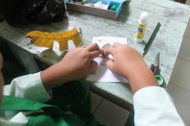 Daun kering yang akan dijadikan bahan mozaik dipotong dengan cara. Budipunya Mozaik Dari Daun Kering