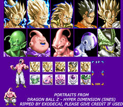 Hyper dimension (ドラゴンボールz ハイパー ディメンション, doragon bōru zetto haipā dimenshon) is the last dragon ball z fighting game released for the super famicom/snes in japan and europe. Snes Dragon Ball Z Hyper Dimension Portraits The Spriters Resource