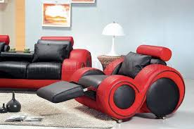Black Red Two Tone Leather 3pc Modern Living Room Set The striped sofa was chosen as a focal point in this living room.