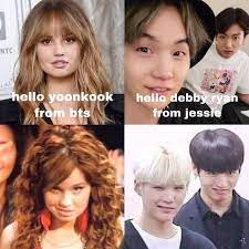 Hello Yoonkook From Bts Hello Debby Ryan From Jessie Jungkook Yoongi In 2021 Debby Ryan Kpop Funny Bts Memes