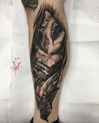 Black And White Shark Tattoo Sleeve Amazing Shark Tattoos On Leg Shark Tattoos Tattoos For Guys Leg Tattoos