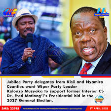 KALONZO KWENDEKA AMUKWATE MBAU MATIANG'I 2027 Amemba ma kyama kya Jubilee  kuma kauntini ya Nyamira na Kisii, yu memwenda mutongoi wa kyama kya Wiper  Kalonzo Musyoka amukwate mbau ula wai minista wa