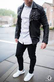 Men S Outfit Idea White Shirt Leather Jacket And Destroyed Jeans Royal Fashionist Urban Style Outfits Mens Outfits Mens Fashion Urban