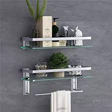 Glass bathroom shelf with towel bar in chrome. Glass Bathroom Shelf With Towel Bar Volpone Glass Floating Shelves With Towel Rack Holder Wall Mounted Glass Shower Shelf 2 Tier Sliver Amazon Com