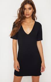 Basic Black Plunge V Neck T Shirt Dress T Shirt Dress Oversized T Shirt Dress Tee Dress