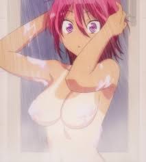 takemoto uruka, bokutachi wa benkyou ga dekinai, washing, anime screenshot,  highres, stitched, third-party edit, 1girl, breasts, cleavage, dark-skinned  female, dark skin, female focus, medium breasts, navel, nude, purple eyes,  red hair, short