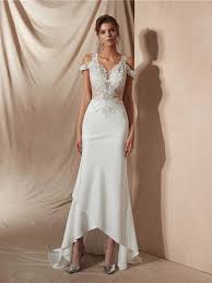 Vorne kurz, hinten lang lautet bei diesen brautkleidern die devise. Hippie Vokuhila Brautkleid Meerjungfrau Weiss Satin Spitze V Ausschnitt