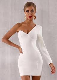 White Mini Dress One Sleeve Dress Party Dress Cocktail Dress White Cocktail Dress White Long Sleeve Mini Dress Bodycon Cocktail Dress
