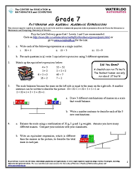 Math worksheets by topics math worksheets by grades interactive zone grade 4 math lessons lesson plans and worksheets for common core grade these free interactive math worksheets are suitable for grade 4. Grade 7 Patterning And Algebra Algebraic Expressions Worksheet For 6th 8th Grade Lesson Planet