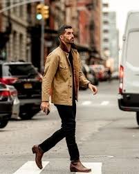Black Pants And Brown Boots Men Men S Tan Barn Jacket Black Crew Neck T Shirt Black Jeans Brown Leather Chelsea Boots In 2020 Brown Leather Chelsea Boots Black Boots Men Mens Outfits