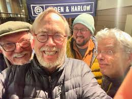 Hanging in Boston after spending a day teaching at Berklee. Your left to  right: Bruce Molsky, Joe K. Walsh, darol anger's page, and I'm the other  guy. Which two comprise half of