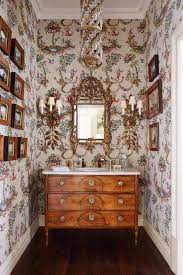 Only genuine antique commode cabinets approved for sale on www.sellingantiques.co.uk House And Garden English Powder Rom Wallpaper Chinoiserie Antique Chest Commode Cabinet Sink Sconces Gallery Wall The Glam Pad