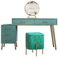Shurndgao Dressing Table With Stool 5 Sliding Drawer Makeup Strap Upholstered Chairs Inlaid Jew Vanity Table Set Blue Dressing Tables Dressing Table With Stool