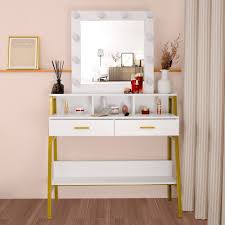 The brimnes dressing table is a clever compact design with a concealed. Mercer41 Single Mirror Steel Frame Dressing Table With Light Bulb 2 Drawers Wayfair
