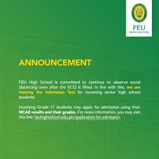 A small number of tests will occur later in the week based on specific. Feu Hs Waives Admission Test For S Y 2020 2021 Feu High School