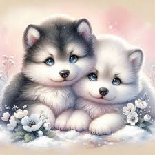 Watercolor illustration of wolf pups in snowy landscape