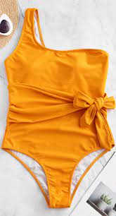Zaful One Shoulder Belted One Piece Swimsuit Black Bright Yellow Swimsuits One Piece Swimsuit One Shoulder Swimsuit