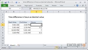 excel formula time difference in hours as decimal value