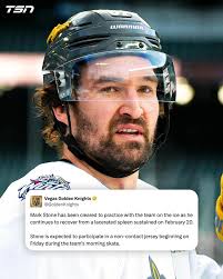 Mark Stone has been cleared to practice with the Vegas Golden Knights as he  continues to recover from a lacerated spleen sustained