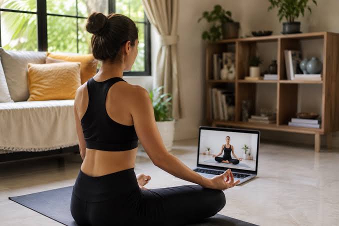 Woman practicing yoga at home