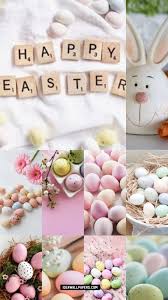 Smiling rabbit with cosmetic sponges and brushes on a wooden table. Happy Easter Collage Wallpaper Aesthetic For Phone Idea Wallpapers Iphone Wallpapers Color Schemes