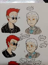 A caricature is a rendered image showing the features of its subject in a simplified or exaggerated way through sketching, pencil strokes, or through other artistic drawings. Pin By Ravenclawhousecup On Good Omens Good Omens Book Crowley Book Artwork