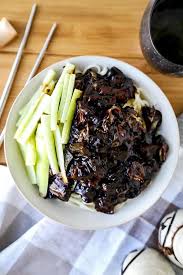 Vegan Jajangmyeon Korean Noodles With Black Bean Sauce Pickled Plum Food And Drinks Recipe Black Bean Noodles Korean Noodles Korean Black Bean Noodles