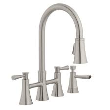 The largest selection of two handle kitchen faucets by kohler, moen, delta and grohe at faucet depot. Glacier Bay Selma 2 Handle Pull Down Sprayer Bridge Kitchen Faucet With Soap Dispenser In Stainless Steel Deal Brickseek