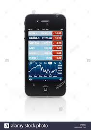 apple iphone 4 smartphone with stock market charts on its