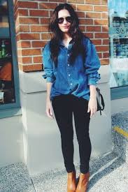 Woman Black Jeans And Brown Boots Chambray Fall Boots Outfit Boots Outfit Ankle Chelsea Boots Outfit