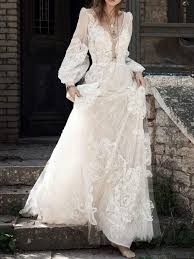 Long Bishop Sleeve Wedding Dress V Neck Long Sleeve Floor Length Pullover Plain Dress In 2020 Bohemian Wedding Dresses Wedding Dresses A Line Wedding Dress