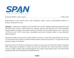 Hukuman lebih berat bagi yang terlibat dengan pencemaran air sedang dikaji. Suruhanjaya Perkhidmatan Air Negara On Twitter Kenyataan Media Kementerian Alam Sekitar Dan Span Memandang Serius Situasi Pencemaran Minyak Di Sungai Selangor Tindakan Tegas Kepada Pelaku Akan Diambil Berdasarkan Akta Industri Perkhidmatan Air