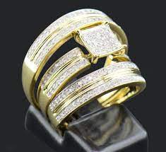 Bride Groom Engagement Ring Wedding Band Trio Set 18k Gold Plated 925 Silver Cool Wedding Rings Wedding Ring Sets Elegant Wedding Rings