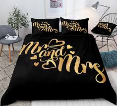 The contemporary design of this collection is enhanced by the addition of the durable black vinyl covering that encases each piece in the collection. Amazon Com French Bedding Luxury Black Gold Duvet Cover Sets Gold Mr And Mrs Letter Printed Couple Romantic Bedding Sets Queen 1 Duvet Cover 2 Pillowcases Queen Black Gold Kitchen Dining