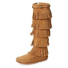 Minnetonka Moccasins 1657t Womens 5 Layer Fringe Boot Taupe Suede Calf High Fringed Boots