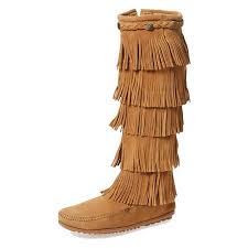 minnetonka moccasins 1657t womens 5 layer fringe boot taupe suede calf high fringed boots