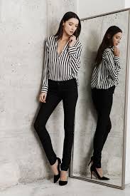Black And White Vertical Striped Shirt Outfit Alice Olivia Outfits With Striped Shirts Black Striped Shirt Outfit Striped Blouse Outfit