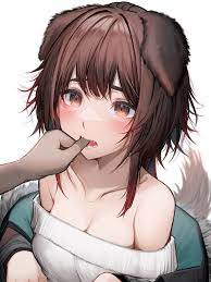 tab head, original, absurdres, commentary request, commission, highres,  skeb commission, 1girl, animal ears, bare shoulders, breasts, brown eyes,  brown hair, cleavage, dog ears, dog girl, dog tail, medium breasts, open  mouth, sharp